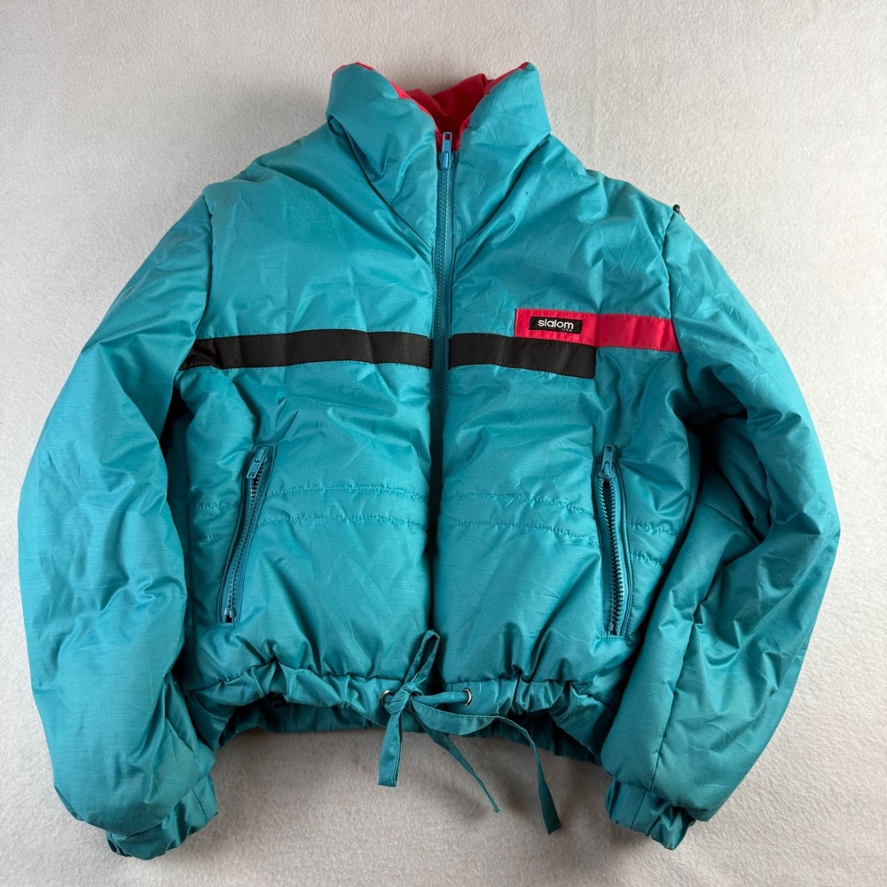 Slalom USA Vintage 80s Puffer Ski Jacket Teal Pink Cropped Womens Sz 8 USA Made